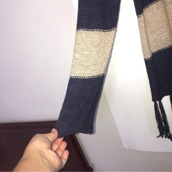 Onetheland Tunic Sweater L Wine Tan Blue Blocks Stripe  Fringe Bottom Knit - Picture 10 of 11